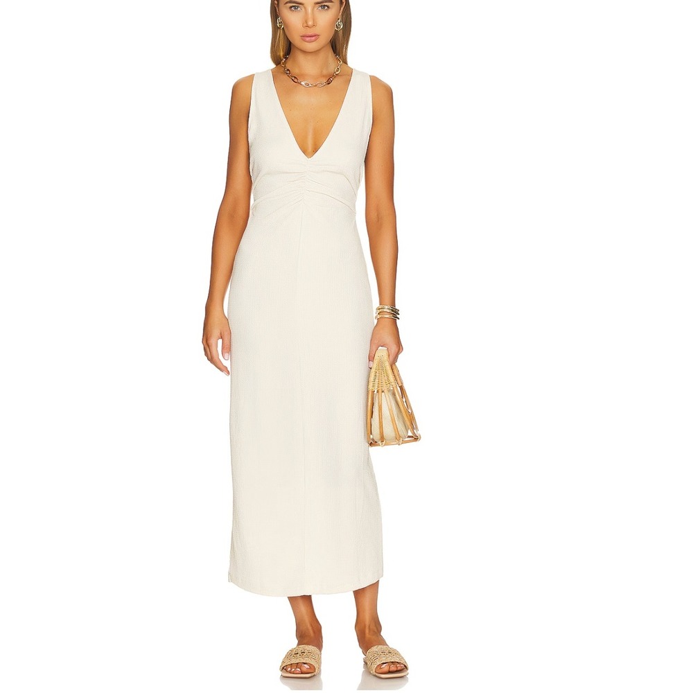Free People free-est Lyla Ruched V-Neck Midi Dress in Cream sz S